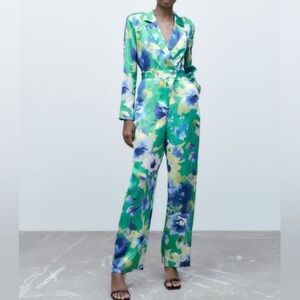 NWT Zara Green and Blue Jumpsuit with Wide-Leg Silhouette Size XS
